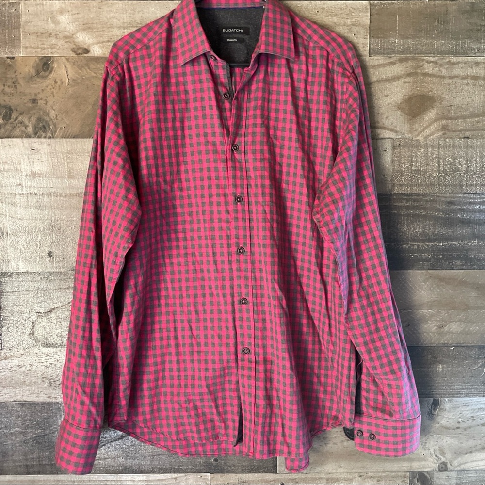 Bugatchi Red And Gray Casual Button Down Shirt - image 1